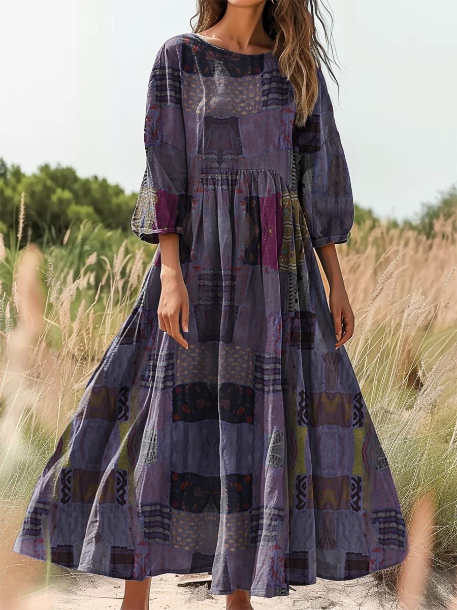 Women's Vintage Ethnic Patchwork Print Flowy Cotton Crew Neck Dress