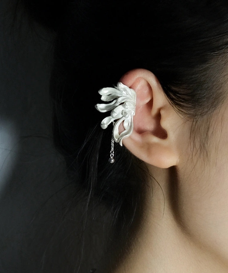 Diy Light Grey Sterling Silver Petal Tassel Stud Earrings