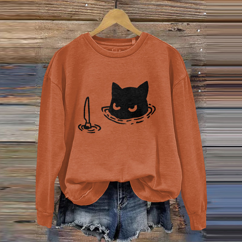 Women's Funny Black Cat Assassin Abstract Art Painting Sweatshirt elevenforest