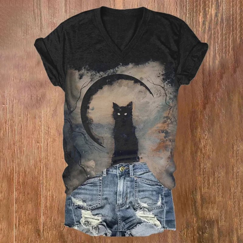 Halloween Vintage Cat Print T-Shirt elevenforest