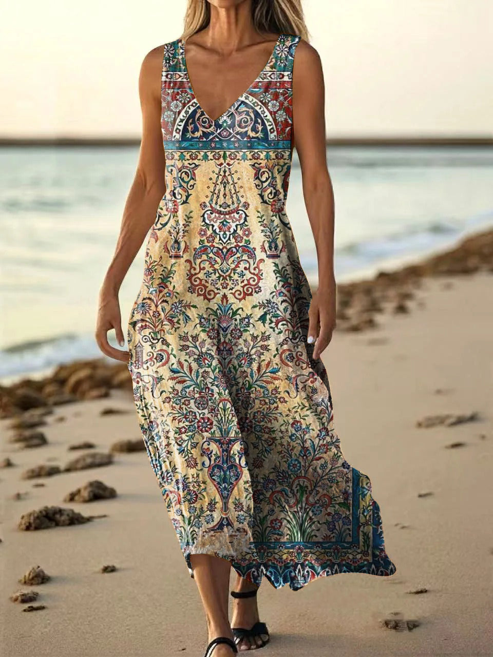 Women's Vintage Ethnic Floral Art Print Pocket Cotton Dress