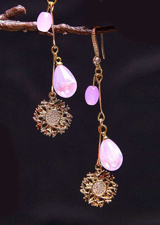 Style Purple Water Droplet Beads Sunflower 14k Gold Drop Earrings