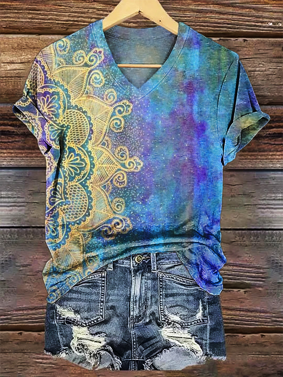 Women's Art Painting Hippie Print V-Neck T-Shirt