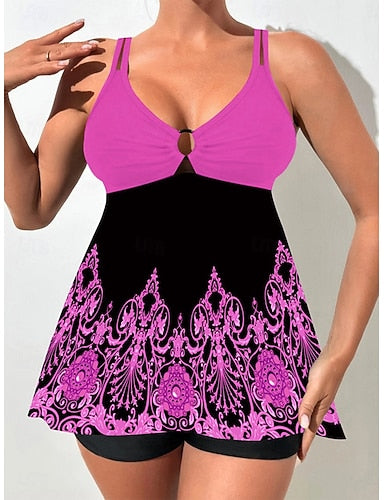 Tankini 2 Piece Swimsuit Shorts Tummy Control High Waist Slim Backless Vacation Beach Wear Ombre Color Block V Neck Sleeveless Bathing Suits