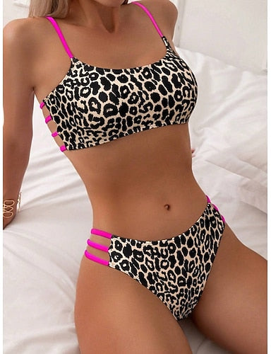 Bikini 2 Piece Swimsuit Leopard Cheeky Backless Slim Vacation Beach Wear Scoop Neck Sleeveless Bathing Suits