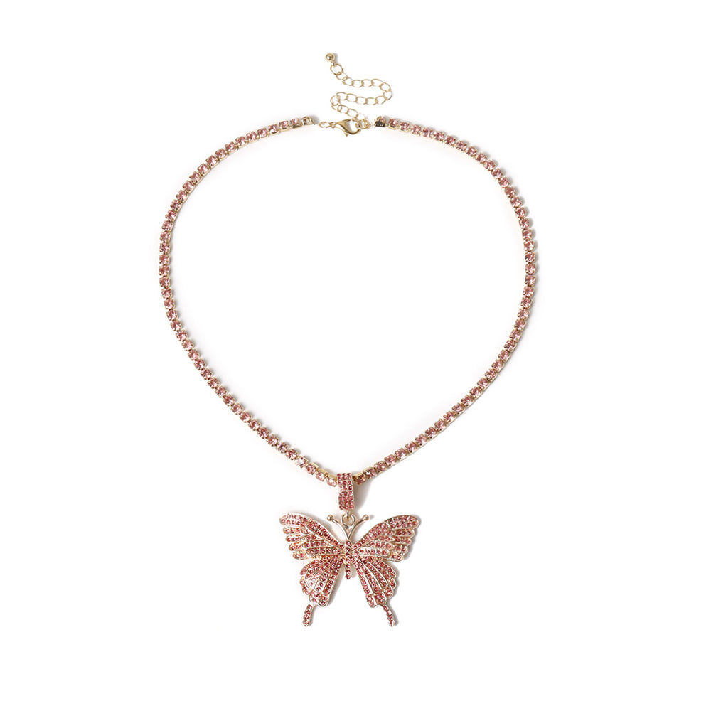 Butterfly Pendant Necklace Rhinestones With Crystal Chain