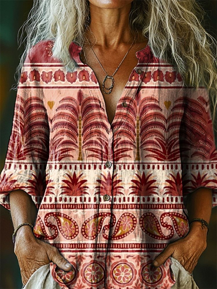Women's Vintage Ethnic Tattoo Pattern Art Print Linen Cotton Casual Sh