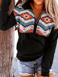 Comstylish Western Ethnic Floral Vintage Women's Half Zip Stand Up Sweatshirt