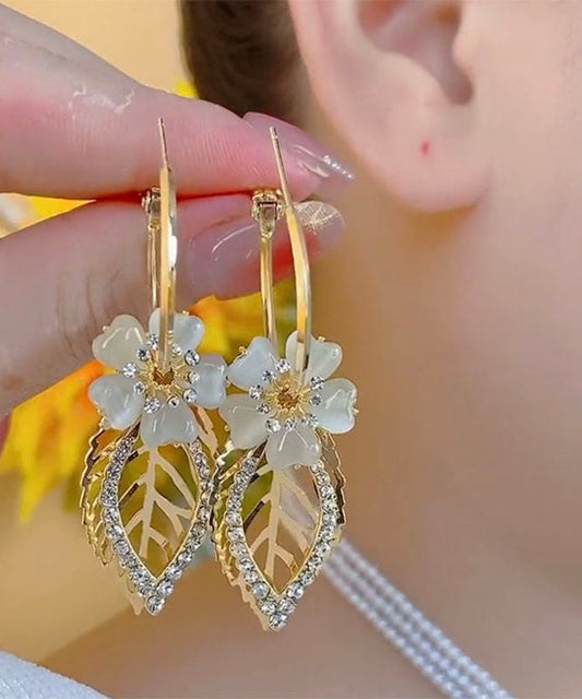 Fine Gold Sterling Silver Overgild Zircon Cat's Eye Leaves Drop Earrings