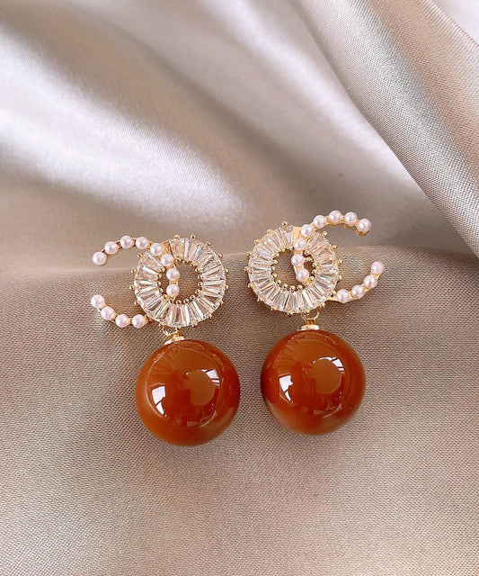 Red Copper Alloy Zircon Pearl Drop Earrings