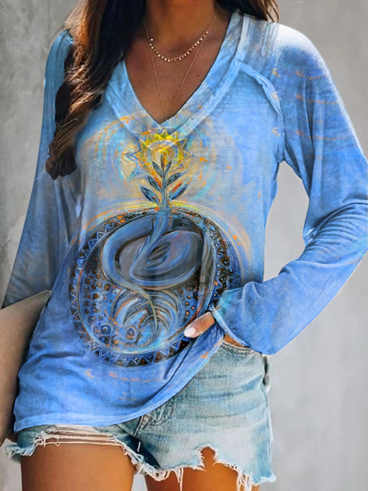 Women's Vibrant Botanical Art Print V-Neck Long Sleeve Top