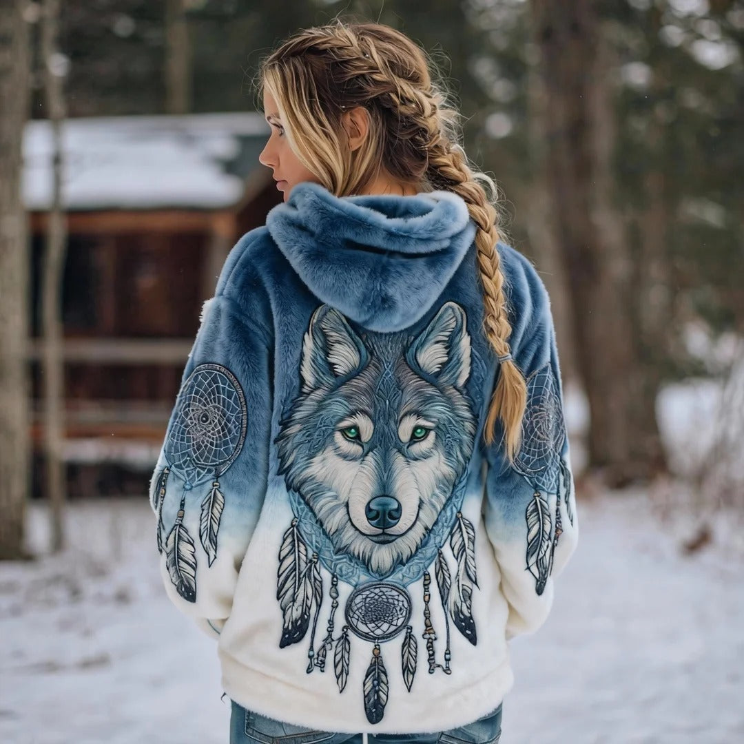 Comstylish Women's Retro Tribal Wolf And Dreamcatcher Art Pattern Plush Hooded Sweatshirt