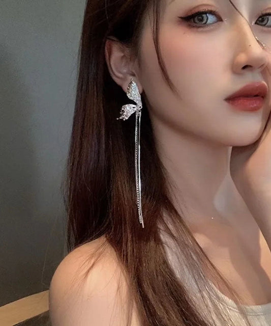 Silk Copper Alloy Butterfly Tassel Drop Earrings