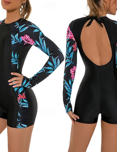 Rash Guard One Piece Swimsuit Open Back Spandex Uv Sun Protection Upf50+ Quick Dry Long Sleeve Swimwear Bathing Suit Surfing Beach Water Sports Summer