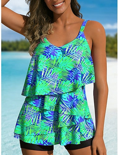 Swimwear Tankini 2 Piece High Waist Swimsuit Tummy Control High Waist Slim Backless Vacation Beach Wear Tropical U Neck Sleeveless Bathing Suits