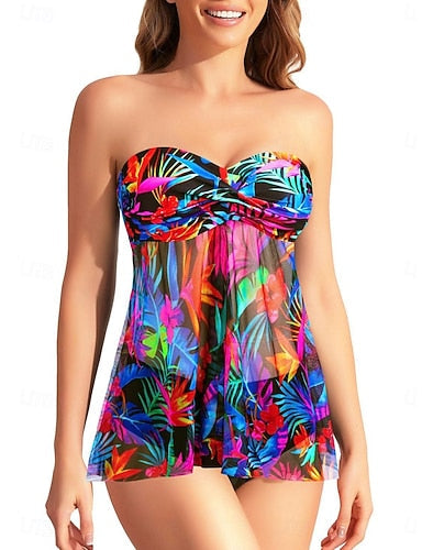 Tankini 2 Piece Swimsuit Underwire Cheeky Tummy Control High Waist Slim Backless Vacation Beach Wear Strapless Sleeveless Bathing Suits