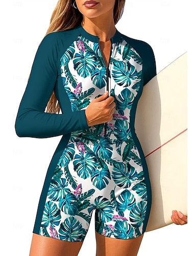Standard Rash Guard One Piece Surfing Suit Bathing Suit Tropical Color-blocking Zip Up With Built in Bra Removable Pad Uv Sun Protection Upf50+ Ultra Light (ul) Long Sleeve Swimwear