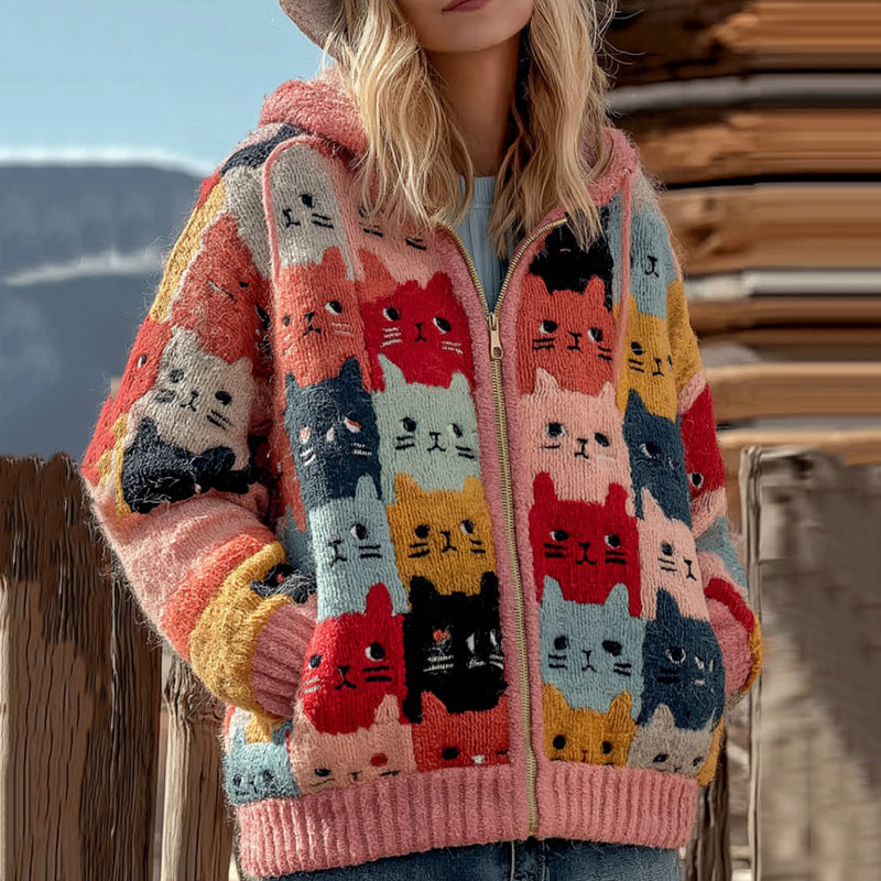 Women's Colorful Cats Art Knit Zipper Cardigan Sweater elevenforest