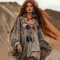 Comstylish Boho Floral Embroidery Art Cotton And Linen Blend Casual Blouse