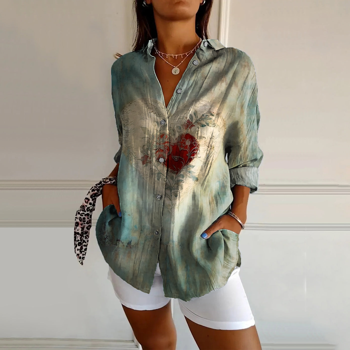 Women's Love Tattoo Pattern Art Print Casual Cotton Shirt
