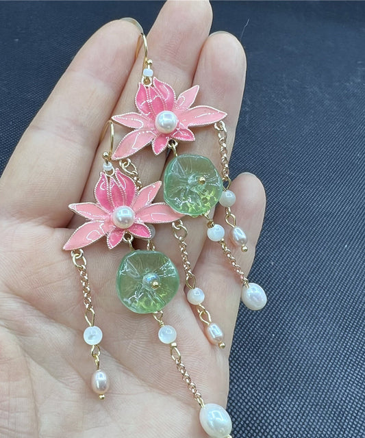 Pink Sterling Silver Lotus Drop Earrings