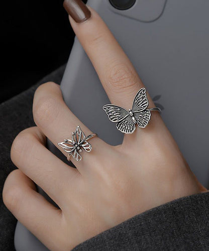 Skinny Silk Sterling Silver Butterfly Hollow Out Rings Two-piece Set