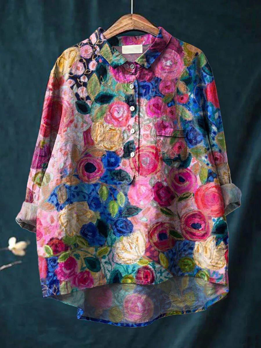 Women's Vintage Lovely Floral Art Print Casual Cotton And Linen Shirt