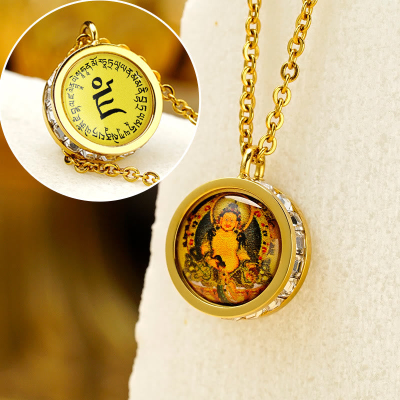 Buddha Stones Tibetan Yellow God of Wealth Green Tara Buddha Serenity Titanium Steel Necklace Pendant