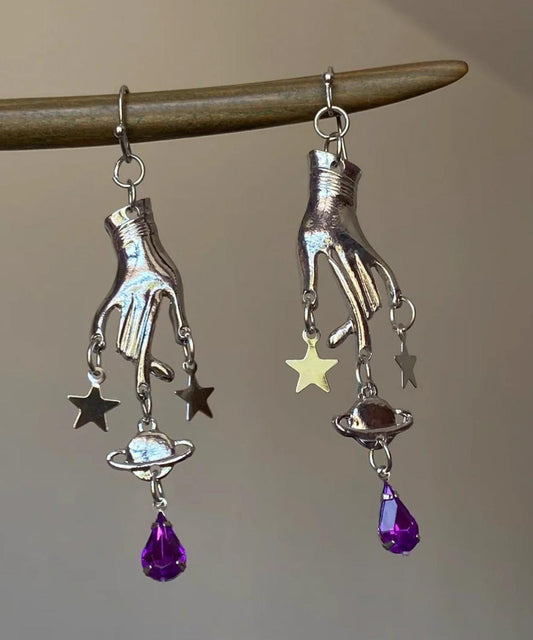 Unique Silk Stainless Steel Crystal Five-pointed Star Palm Drop Earrings