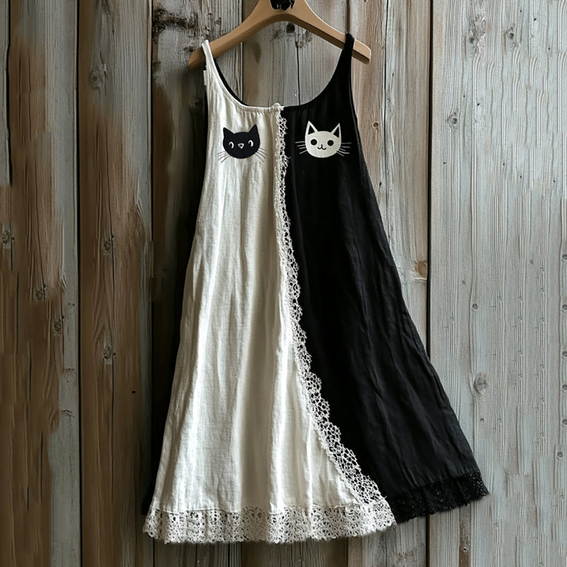 Comstylish Vintage Black Cat Lace Art Color Block Linen Tank Dress