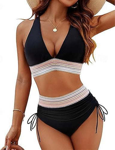 Ruched Swimsuit Bikini Sets Swimwear Colored Swimwear Light Blue Black Breathable Sleeveless - Surfing Beach Swimming Summer