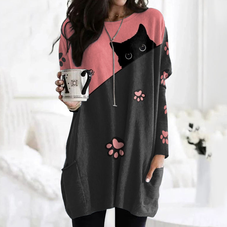 Abstract Creative Cute Black Cat Print Cozy Tunic elevenforest