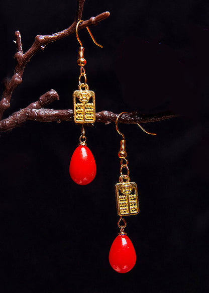 Stylish Red Coral 14k Gold Abacus Drop Earrings