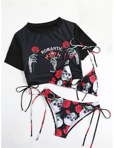 Bikini 3 Piece Swimsuit Skirt Slim Backless Vacation Beach Wear Skull Halter Neck Short Sleeves Bathing Suits