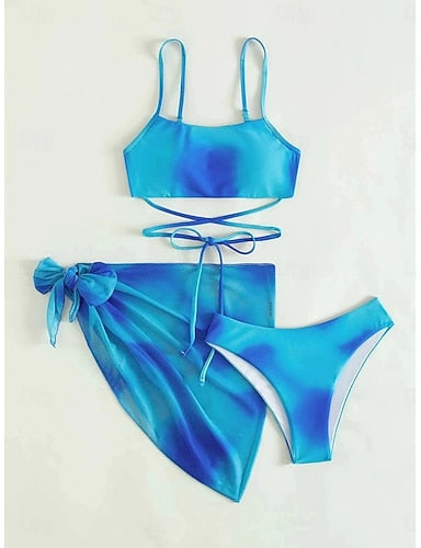 Swimwear Three Piece Swimsuit Ruched Backless Vacation Beach Wear Tie Dye U Neck Sleeveless Bathing Suits