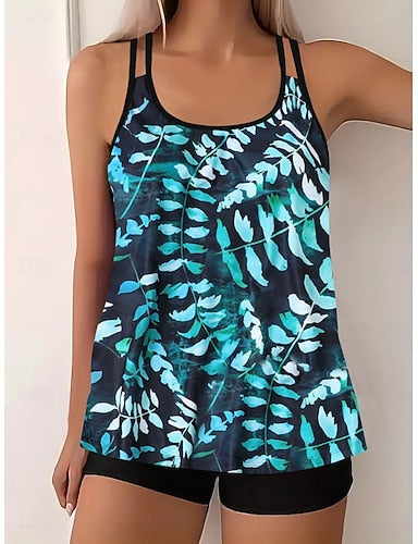 Tankini 2 Piece Swimsuit High Waist Tummy Control High Waist Slim Backless Vacation Beach Wear Ombre Geometric U Neck Sleeveless Bathing Suits