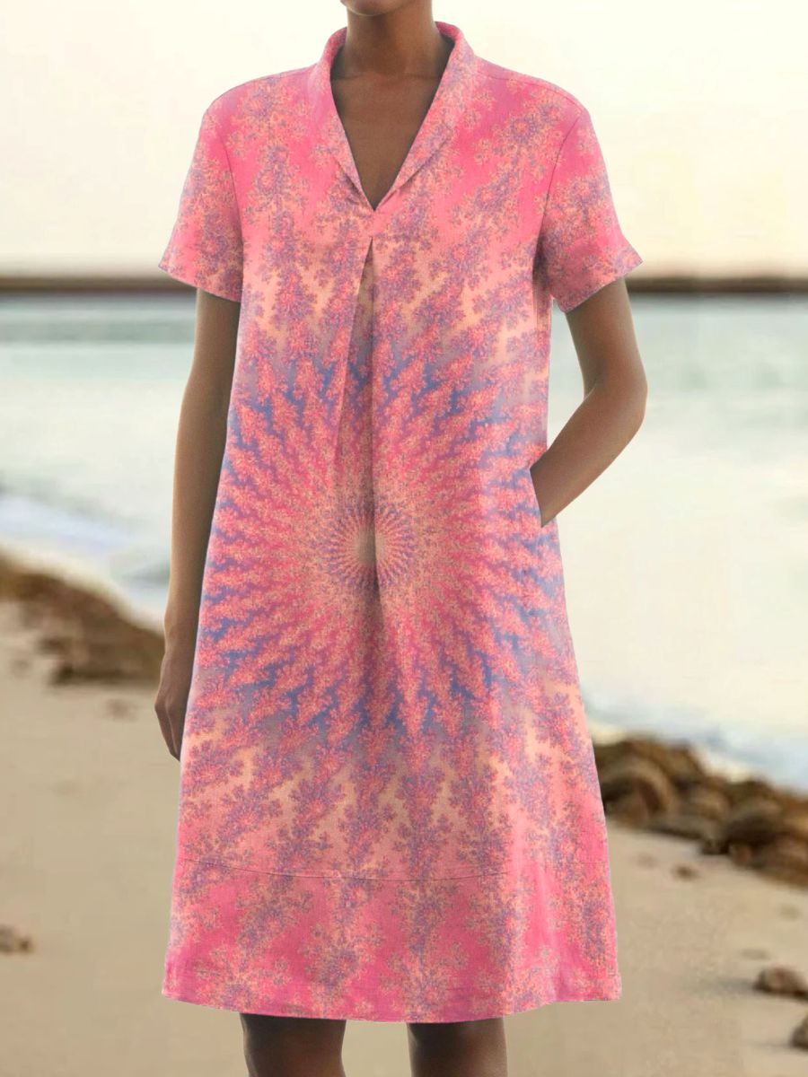 Women's Kaleidoscope Art Pattern Print V-Neck Linen Pocket Dress