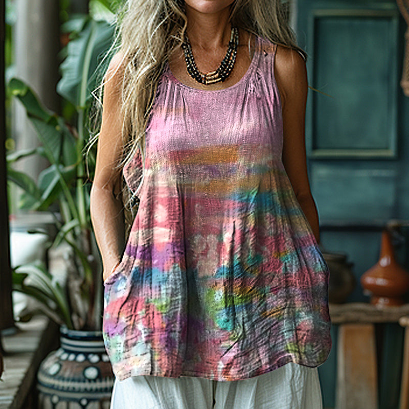 Women's Retro Cancer Awareness Ribbon Gradient Art Linen Sleeveless Tank Top artswardrobe