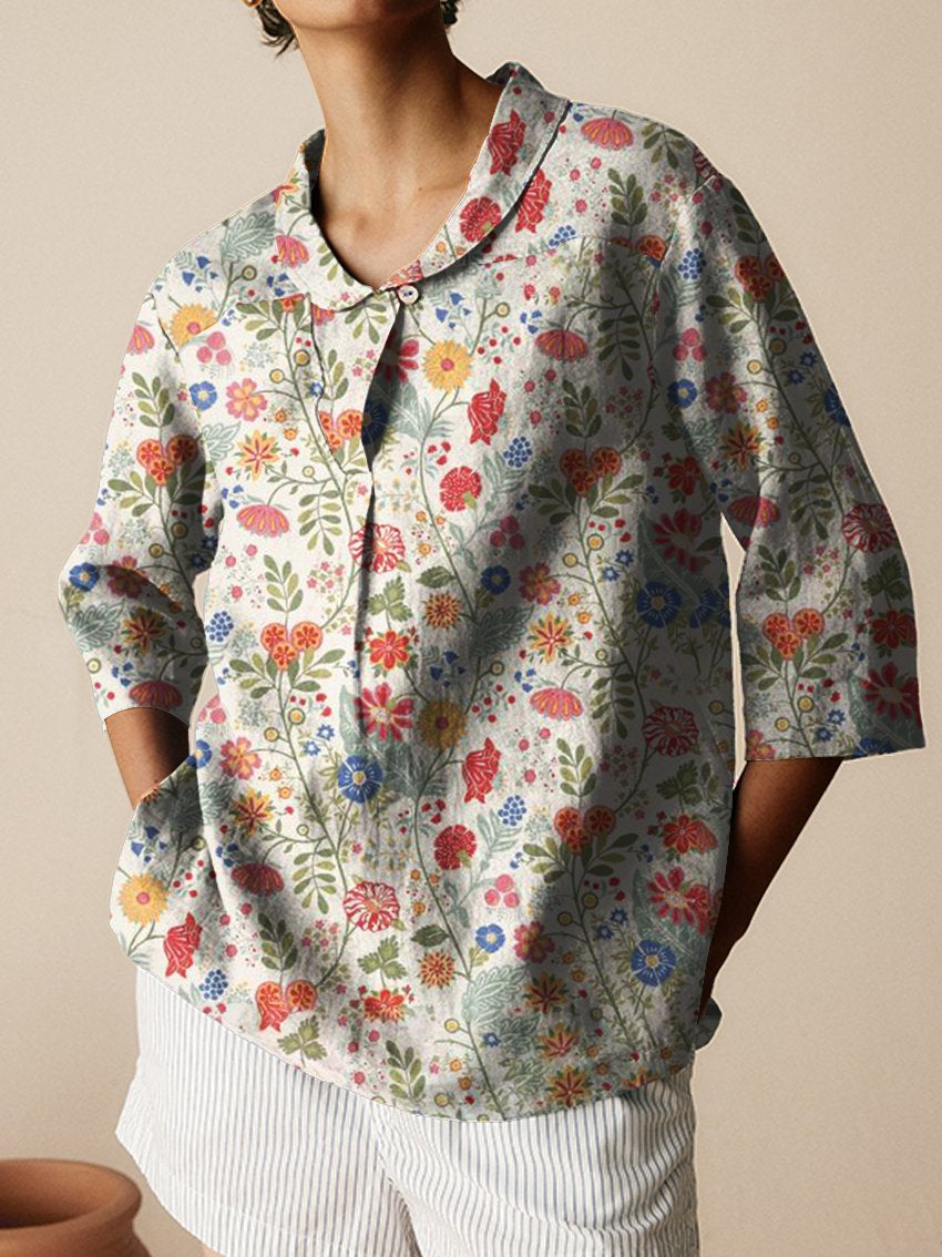 Women's Floral Art  Print Casual Linen Cotton 3/4 Sleeve Shirt