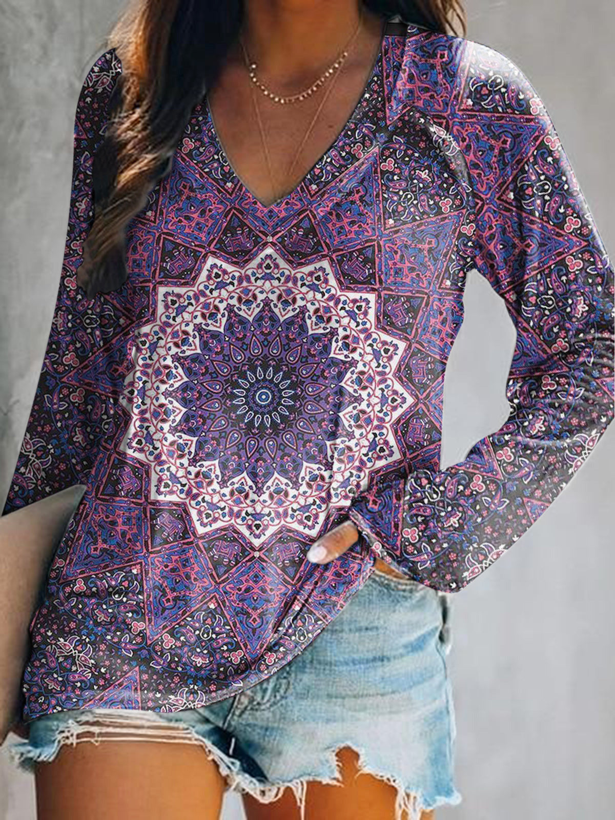 Women's Art Painting Hippie Print V-Neck Long Sleeve