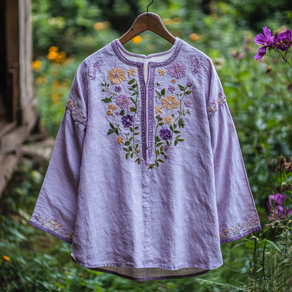 Women's Purple Flowers Embroidery Vintage Linen Shirt artswardrobe