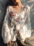 Comstylish Retro White Rose With Sparkle Women's V-neck Top