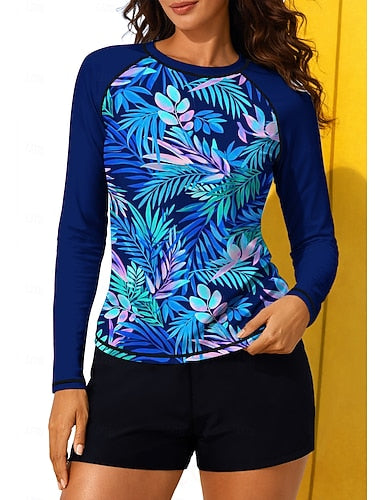 Regular Rash Guard Swimsuit Rash Guard Print Swimsuit Tropical Color-blocking 2 Piece Removable Pad Boyleg Uv Sun Protection Upf50+ Elastic Long Sleeve Swimwear Sun Shirt