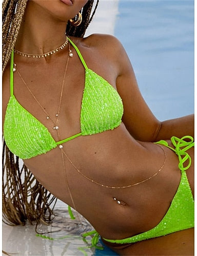 Bikini 2 Piece Swimsuit Underwire Cheeky Slim Backless Vacation Beach Wear Color Halter Neck Sleeveless Bathing Suits