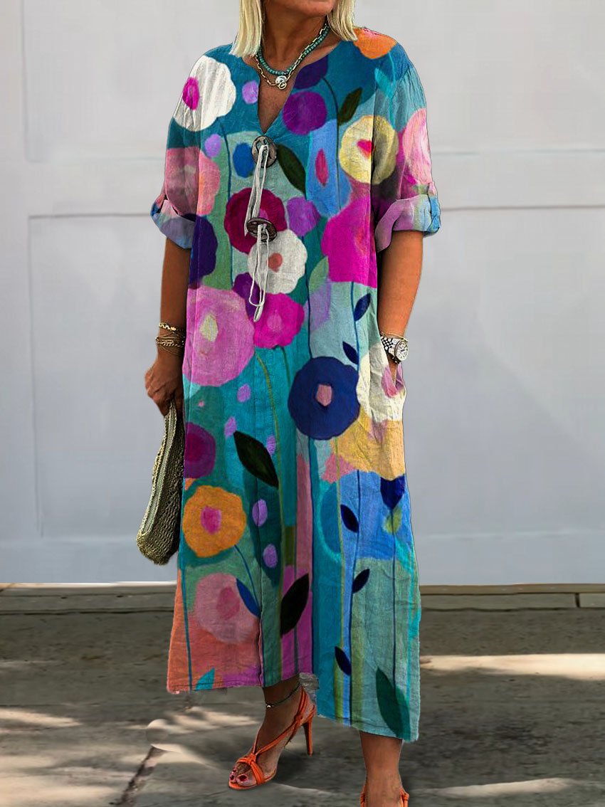 Women's Vintage Lovely Floral Art Print Pocket Cotton Dress