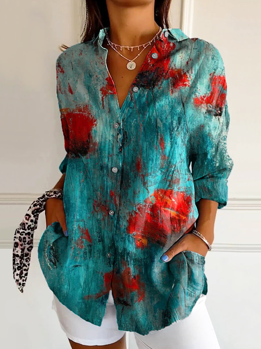 Women's Vintage Floral Art Print Casual Cotton Shirt