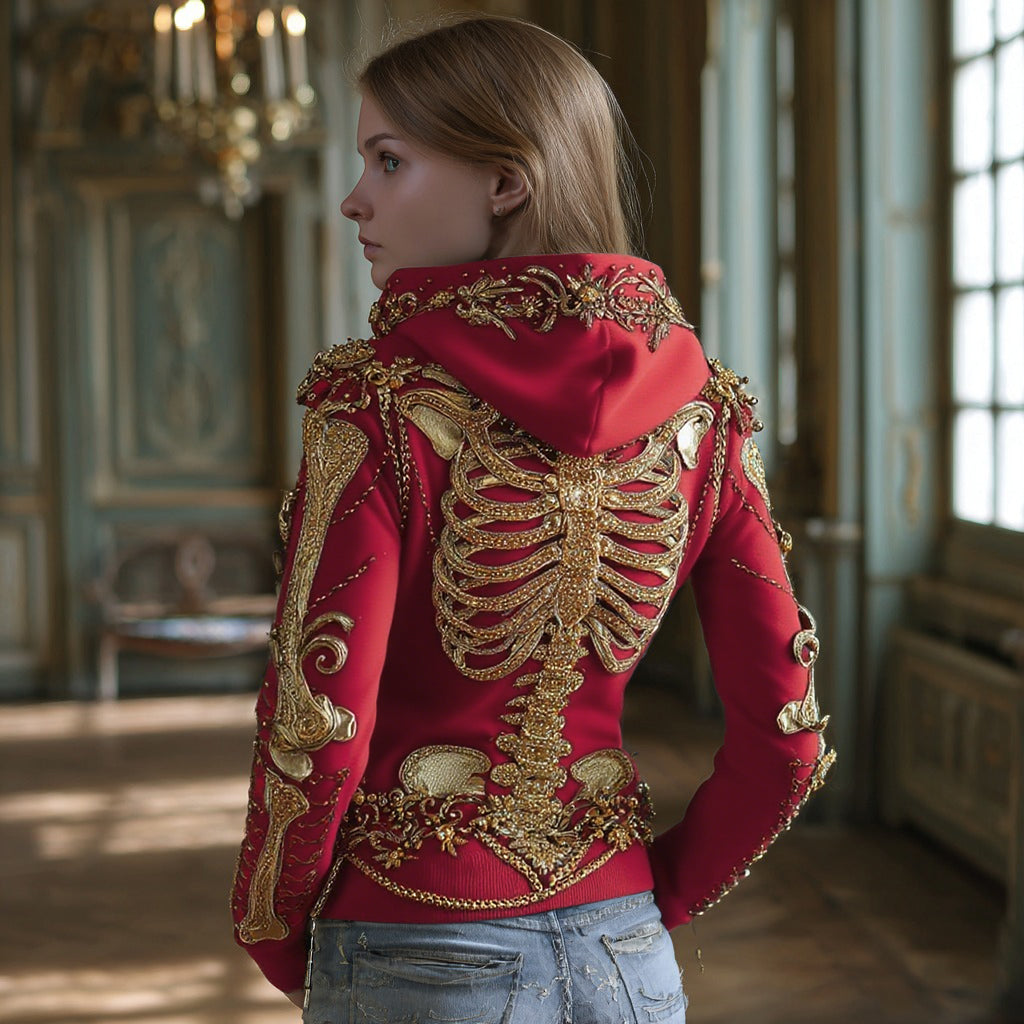 Comstylish Women's Gothic Skull And Floral Embroidered Hoodie