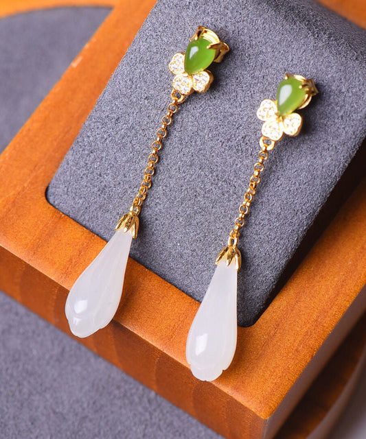 Diy Green Sterling Silver Inlaid Jade Zircon Tassel Drop Earrings