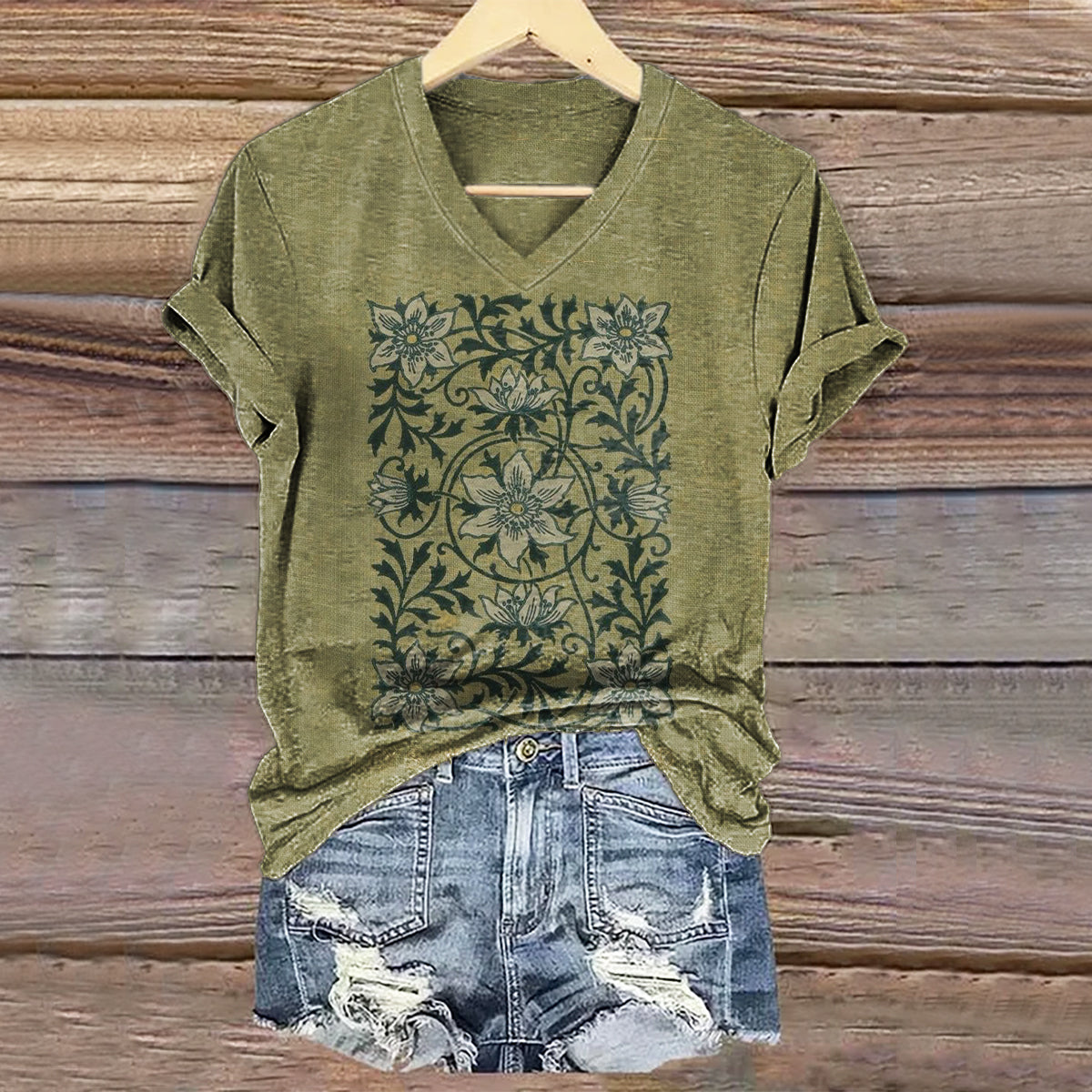 Women's Vintage Floral Art Print V-neck Casual T-Shirt