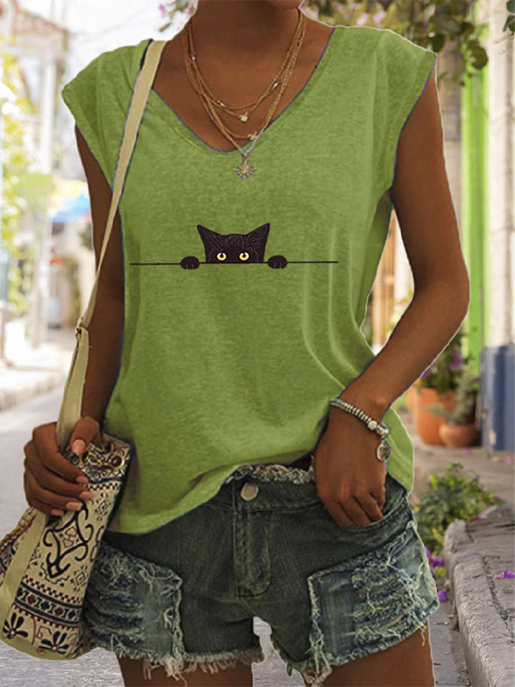 Women's Casual Black Cat Print Vest elevenforest
